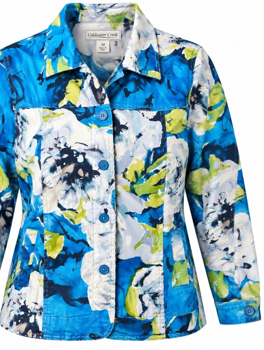 COLDWATER CREEK | Cottagecore Watercolor Blue Floral Cotton Blazer Jacket | 2X